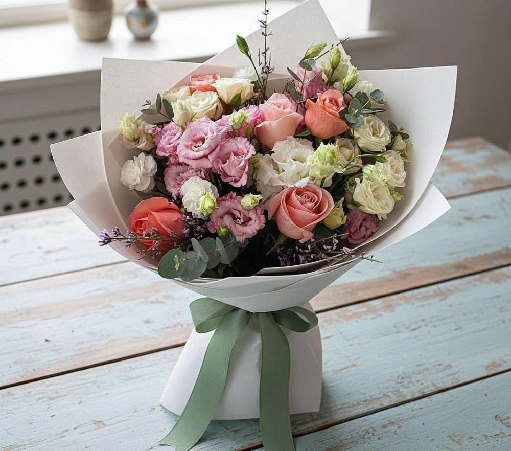 Букет цветов из: Розы, Лизиантусы и Гвоздики в Уркарахе